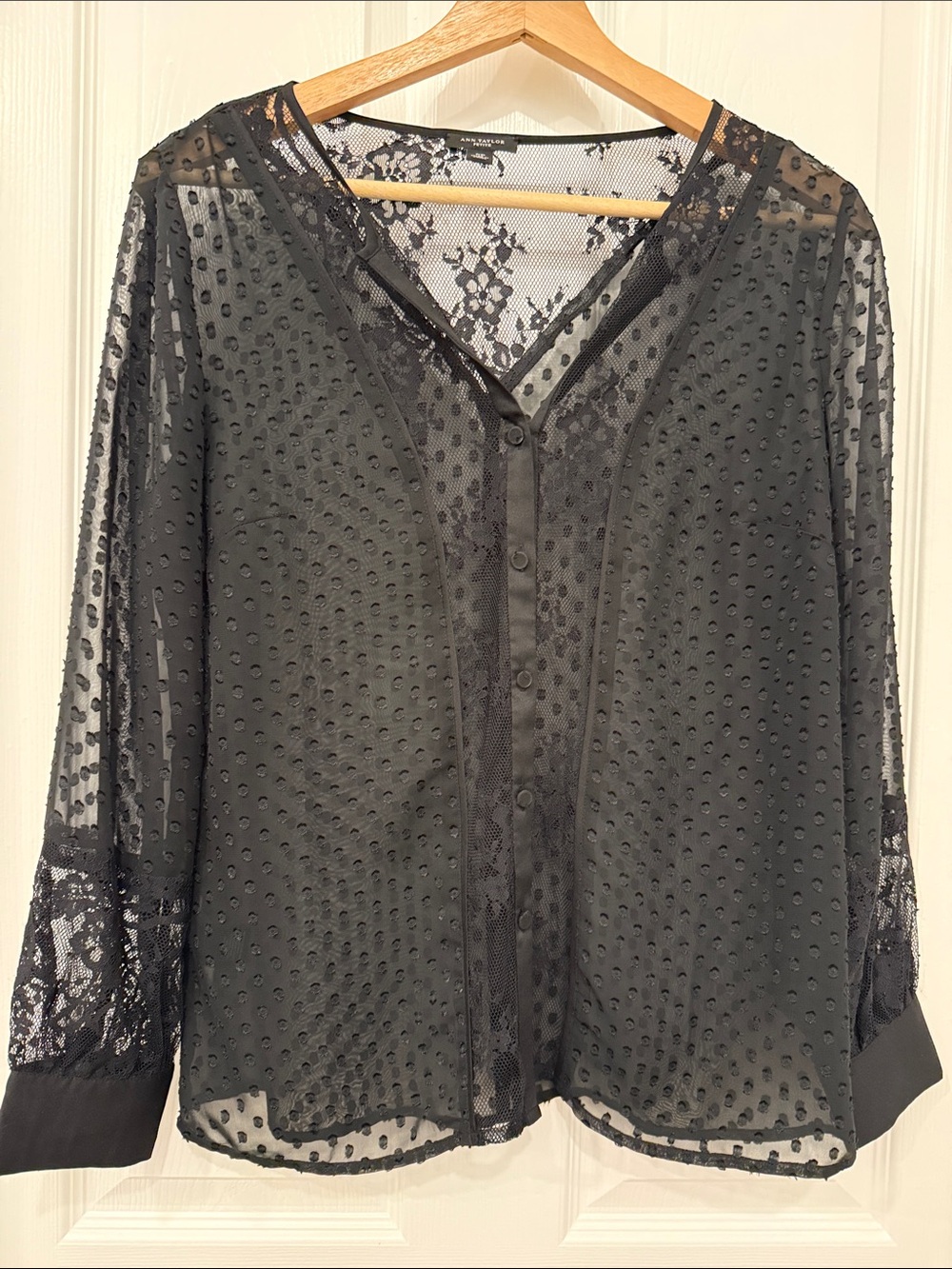 Ann Taylor Black Sheer Dot Lace Button-Down Blouse